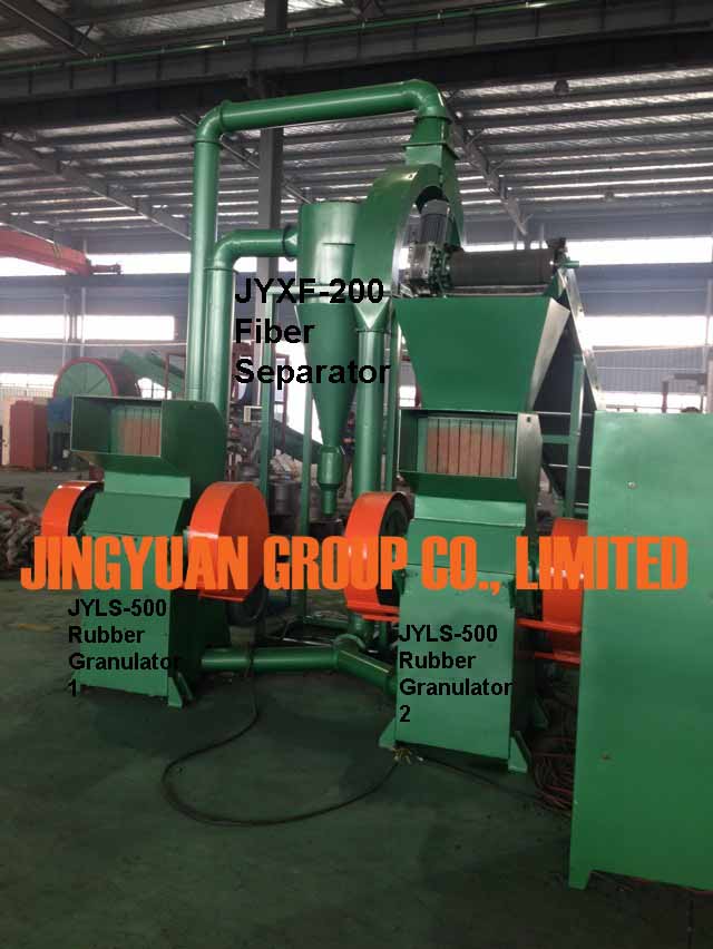 Two JYLS-500 Rubber Granulators Connect to Same JYXF-200 Fiber Separator and one Granulator Be Fed from Top