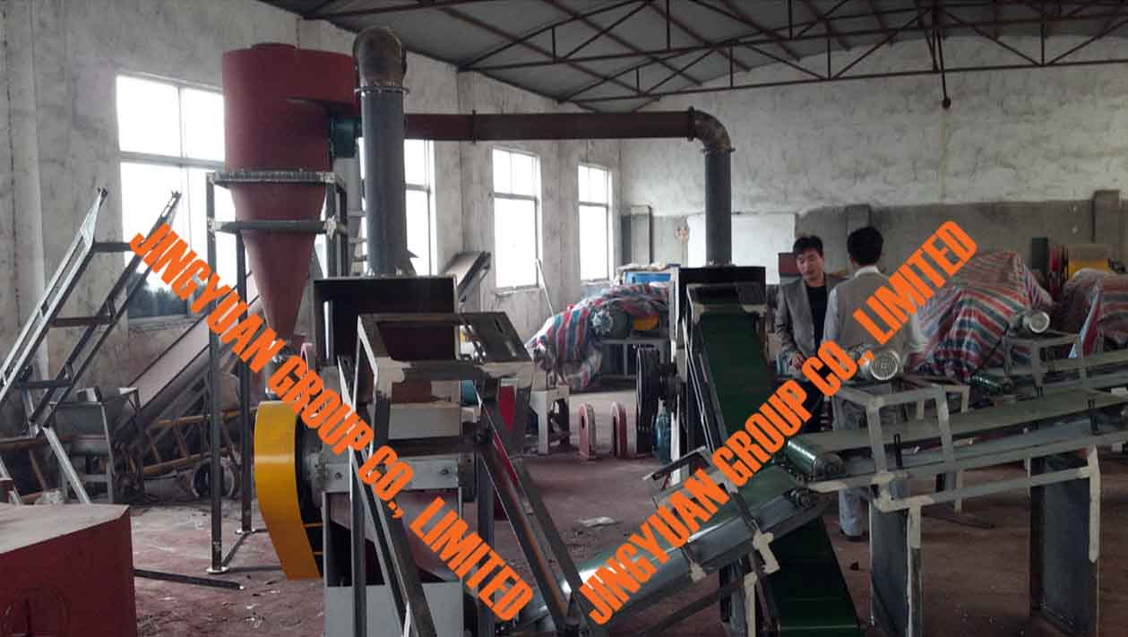 Two JYLS-500 Rubber Granulators Share Same JYC-100 Collecting Machine and Connected by JYCX-200 Magnetic Conveyor and Belt Conveyor