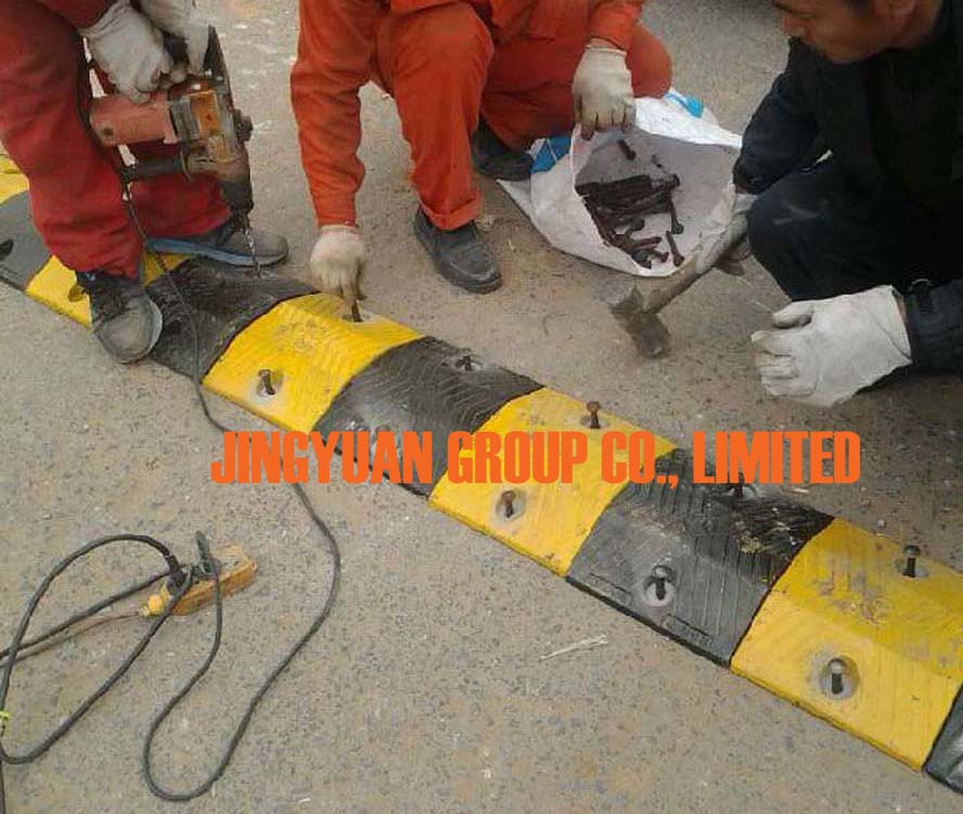 Narrow Rubber Speed Bump Installation on-site