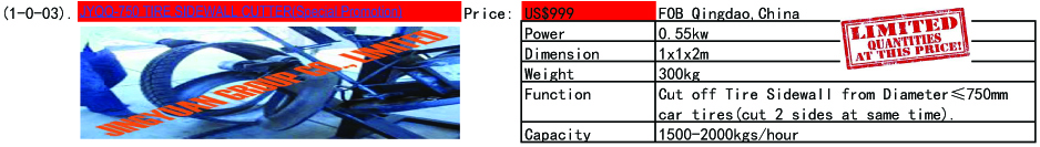 Item 1.Price Discounting Promotion For JYQQ-750 TIRE SIDEWALL CUTTER, the original price is US$2300- now the promotion price is US$999 FOB Qingdao,China